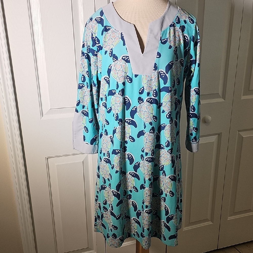 All For Color Gray and Blue Patterned With TurtlesTunic Dress‎ Size XL